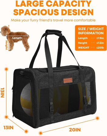 FOXFOCUS Сумка-переноска для собак з м'якими боковинами – 50,8 x 33 x 33 см, безпечний автокрісло, до 6,8 кг, верхній та бічний вхід, велика переноска для тварин з антицарапковим сітком, чорна