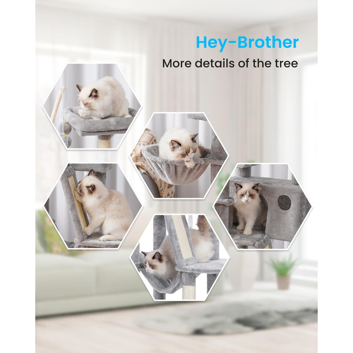 Котячий комплекс Hey-brother 134,6 см для дому, котячий будинок з м'яким лежаком, іграшковими м'ячами, великою затишною будкою, гамаками та сизалевими стовпами, світло-сірий MPJ019-SW