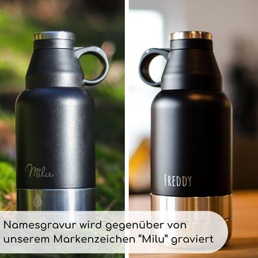 Водяна пляшка для собак Milu 950мл з мискою для їжі - ізольована фляга з нержавіючої сталі, чорна (+гравіювання)