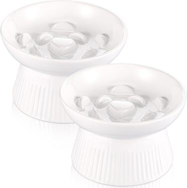 Підвищені миски для котів Layhit з кераміки, проти блювоти, повільне годування, для сухого та вологого корму, кошенята, для дому, 2 шт (Білий/розкішний сад)