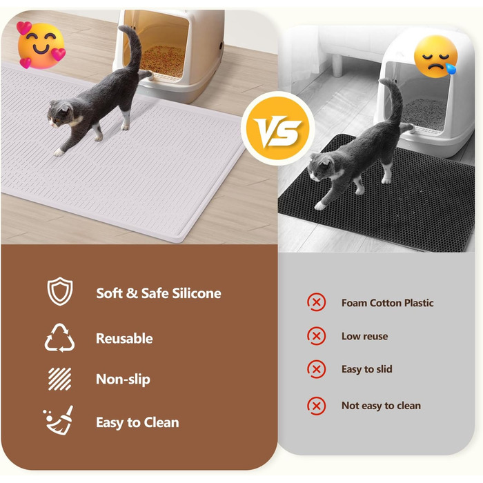 Килимок для котячого туалету Bartuke з іграшкою-м'ячиком, 86 x 56 см, силіконовий, контролює розсипання, м'який для лапок, легко миється (Білий)