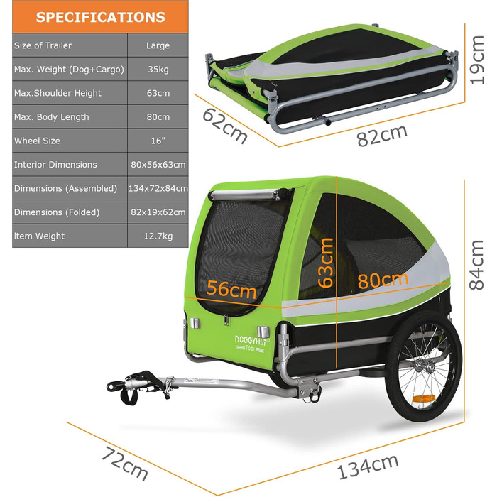 DOGGYHUT® Tobi - великий велопричіп для собак, 35 кг, зелений