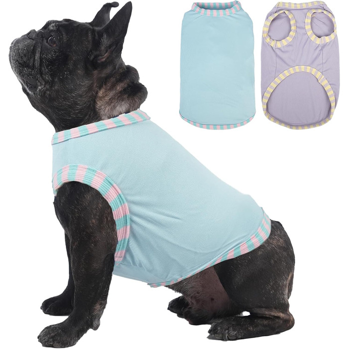 Сорочка для собак Katzinst (2 шт.) - сонцезахист, дихаючий матеріал, для середніх собак (Французький бульдог). Розміри: L (обхват грудей 46 см), M (обхват грудей 40 см). Кольори: зелений хакі + світло-блакитний + світло-ліловий
