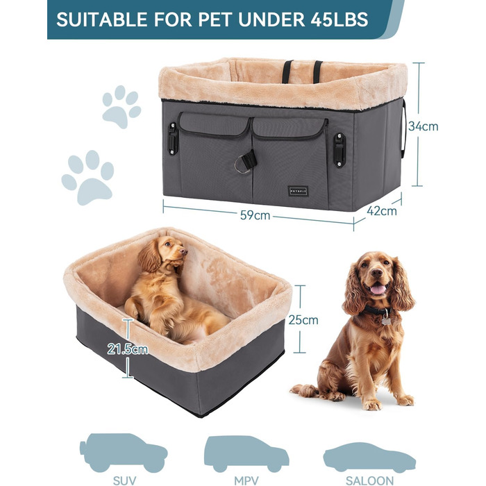 Автокрісло для собак Petsfit - сіре, M - для середніх та 2 маленьких собак