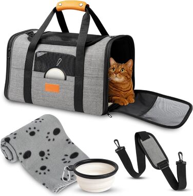 TREKAM Транспортний бокс для котів та маленьких собак з мискою, ковдрою, ременем на плече та м'якою підкладкою - для автомобіля та літака
