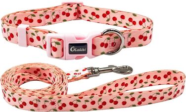 Нашийник та поводок для собак Olahibi з милим вишневим візерунком, поліестер, 1,5 м, для великих собак (L, рожева вишня) L комплект