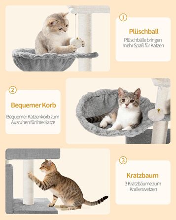 Дерево для кігтів Hzuaneri Kratzbaum 75 см, кігтеточка для котів з лежаком, будиночком, сизалевими стовпчиками та іграшками, сірий колір, MS07618LG