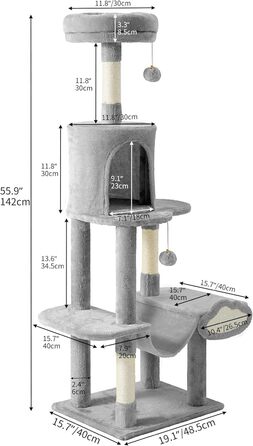 Кігтеточка YITAHOME XXL для котів, 142 см, сірий, з 8 стовпів з сизалю, 3 платформи, 2 печери, гамак, іграшки, кігтешкребок, крізьбаум