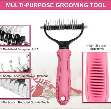 Щітка для собак для видалення підшерстя, 2 бокові щітки для грумінгу, професійний інструмент для догляду за шерстю, рожевий колір
