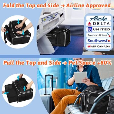 Трансформер для тварин Petskd: розширювана переноска для котів та собак, 43.2 x 28.9 x 24.5 см, схвалена авіакомпаніями, чорна