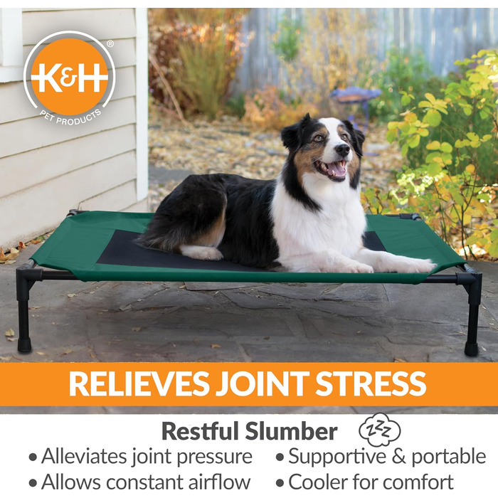 Підвищене собаче ліжко K&H Pet Products для вулиці, дихаюче, охолоджуюче, гамак для великих собак XL, знімний мережевий чохол, міцний металевий каркас, складане, портативне (107 x 76 x 18 см, зелено-чорна сітка)