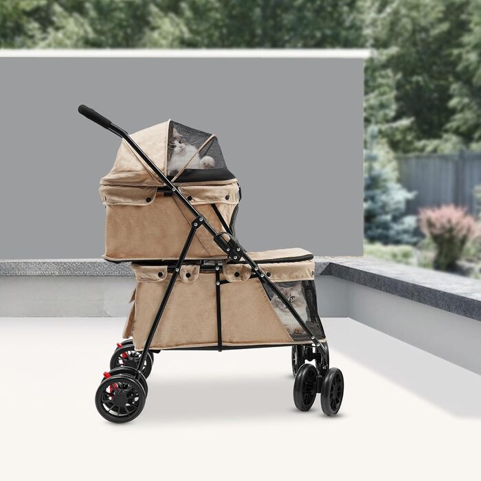 Транспортна візок для домашніх тварин 2-ярусний для собак та котів, складаний, з сітчастими вікнами, гальмом та сумкою для зберігання, стабільний каркас з вуглецевої сталі, до 40 кг, 95 * 60 см (Хакі)