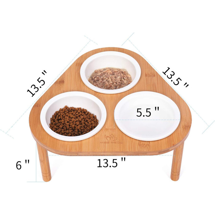 Підвищений годівниця для котів з підставкою, бамбукова підставка з 3 мисками (кераміка/нержавіюча сталь), неслизькі та знімні ніжки