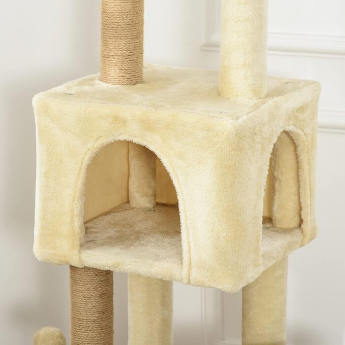 Велика дряпка для котів PawHut 60x34x136 см з платформами, знімними плюшевими будиночками, джутовими стовпчиками та підвісним м’ячиком, бежева