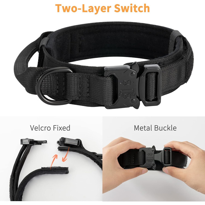 Нашийник для собак регульований з контролем, тактичний нашийник з нейлону, з м'якою підкладкою, з металевою застібкою, для середніх та великих собак, для полювання, тренувань, активного відпочинку, чорний, розмір L (45-54 см)