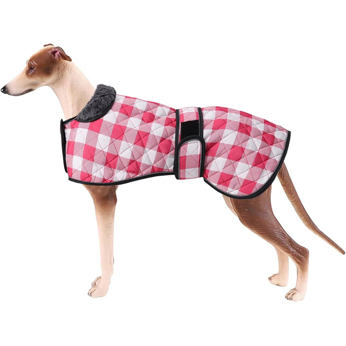 Водонепроникний собачий дощовик Geyecete для венгерських доберманів, віндхаундів та інших, з флісовою підкладкою, регульований, теплий, в клітинку рожевого кольору, розмір S (довжина спини 51-53 см) / L (довжина спини 61-64 см)
