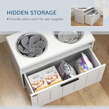 Станція для годування собак PawHut з піднятою мискою, повільною годівницею та 2 мисками з нержавіючої сталі, ящик для зберігання 25л, для великих та екстра-великих собак, білий колір