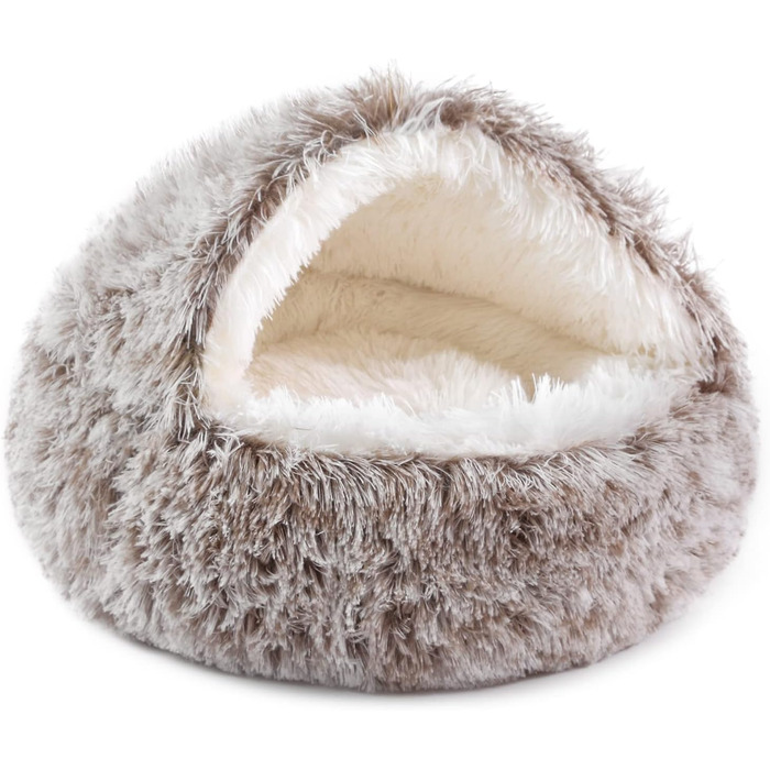 Кругле собаче ліжко NOYAL з капюшоном для маленьких та середніх тварин – плюшеве, м'яке, заспокійливе ліжко-будиночок для котів та собак (XLarge 31.5", Колір: коричневий)