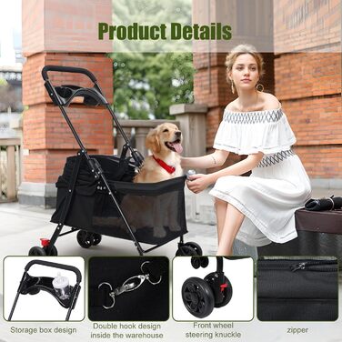 Дитяча коляска для собак: складана модель для маленьких та середніх порід, з тримачем для напоїв (чорна)
