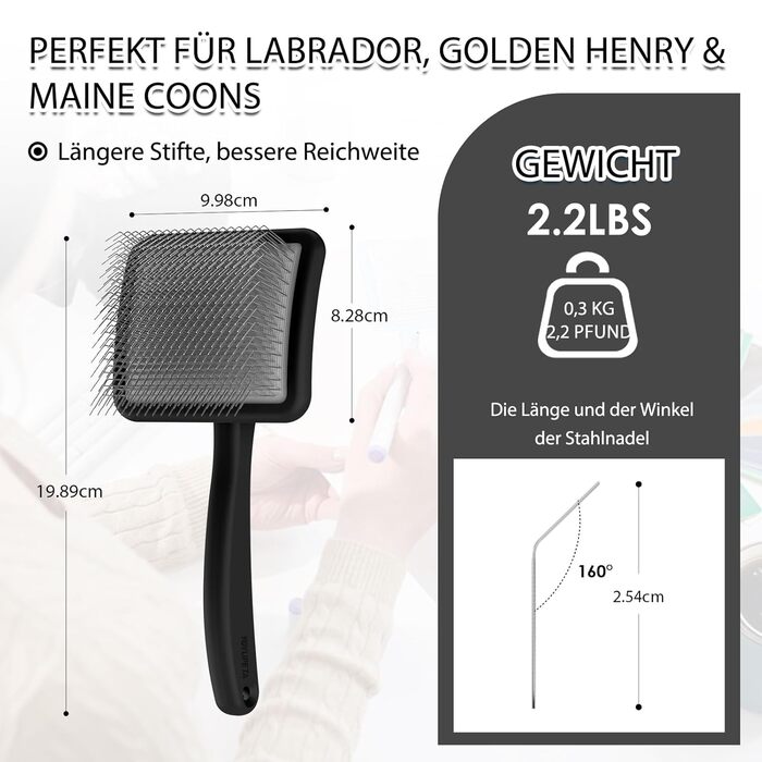 Набір щіток та гребінців Slicker для великих собак з довгою шерстю – щітка для розплутування з пінами 22 мм для Голден Ретріверів, Пуделів, Дудлів та котів – професійний догляд за шерстю з дерев'яною ручкою та шкіряним еталожем (Чорний)