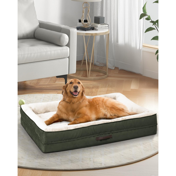 Ортопедичне ліжко для собак XL, корзина для собак, що стирається, з яєцевидною піною, вологостійкий диван для собак з неслизьким дном та чотиристоронньою подушкою (91x61x18 см, оливковий)