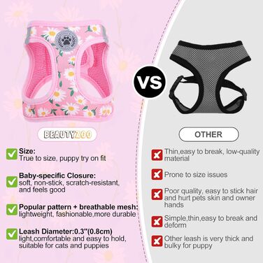 Нашийник та поводок для собак та котів BeautyzOO, м'яка сітка, світловідбиваючий, для маленьких та середніх цуценят, в клітинку, XS/S, (41-46см обхват грудей), рожевий, з квітковим принтом