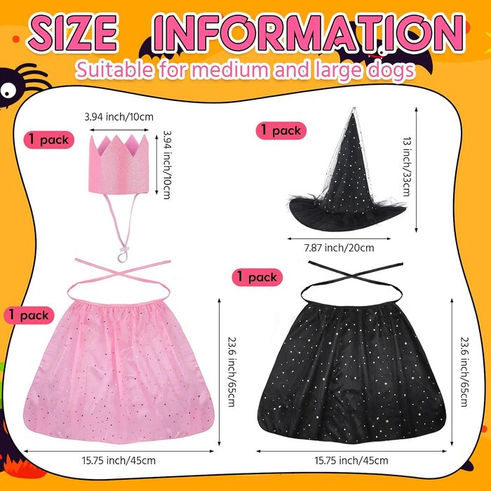 Костюм відьми на Хелловін для котів та собак, комплект з 4 частин: шапка, накидка, корона та аксесуари