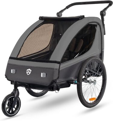 Дитячий велосипедний причіп Tiggo VS 2в1 з амортизацією та поворотним з'єднанням 360° - для 1-2 дітей (до 40 кг), темно-сірий