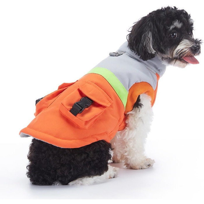 Водонепроникна тепла куртка для собак маленьких та середніх порід. Зігріваючий зимовий одяг для собак, захисна жилетка з отвором для повідка та кишенями. Відбиваюча куртка (Помаранчевий/Сірий, S)