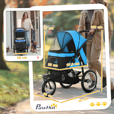 Коляска для собак PawHut Dog Buggy зі світловідбивачами, складна, кошик для зберігання, сонцезахисний козирок, сітчасте вікно, Оксфорд, синій| Аосом
