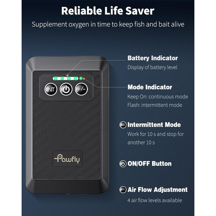 Pawfly акумуляторний аератор для акваріума 20-500 л, USB, тиха портативна повітряна помпа для риб, живої наживки, для риболовлі та аварійного живлення
