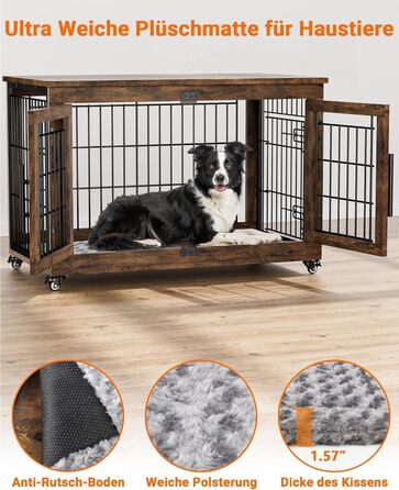 Кіяпа - Будка для собак у дім з подушкою, сучасна будка для собак з двома дверцятами та колесами, для великих собак до 70 кг, 98x64x68 см, (Рустичний коричневий, L)