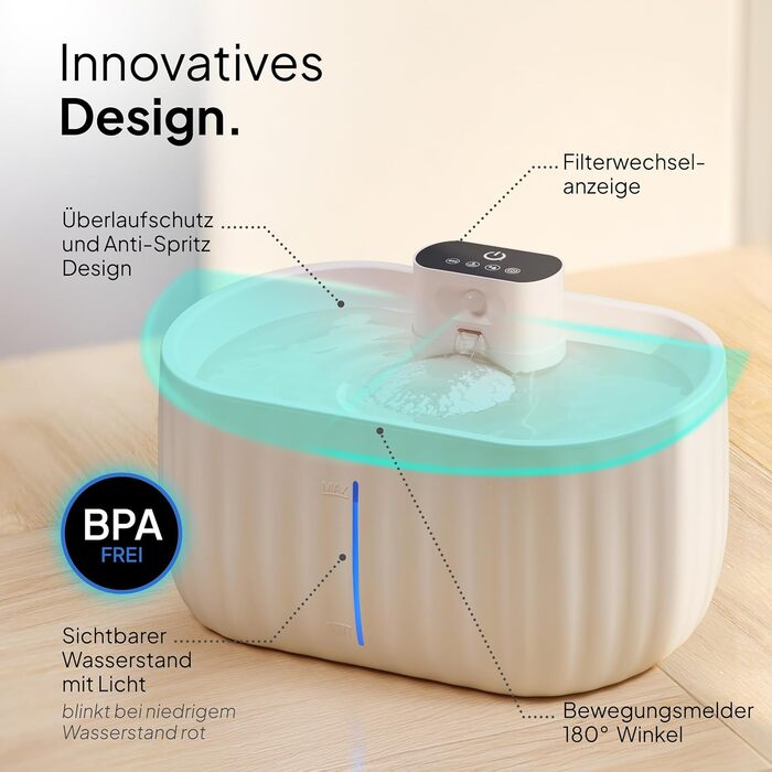 Бездротовий фонтан для котів Pretty Paw Aqua Sense, 3 л, з фільтром і датчиком руху, автономний на 45 днів, бежевий