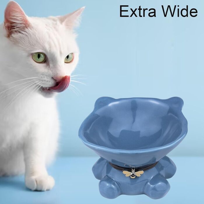 Підвищений годівниця для котів Busnos: керамічна миска для їжі та води, 14x13x11 см, синього кольору