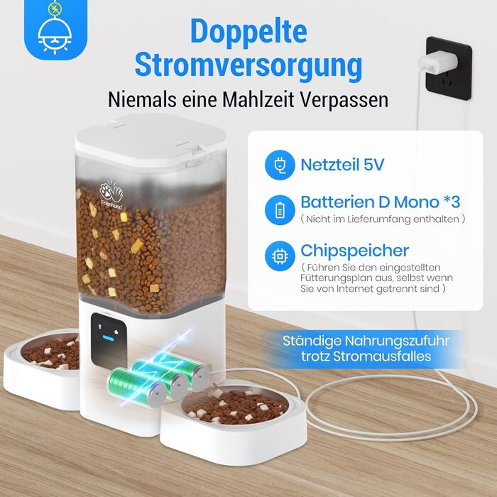 Автомат годування котів Frienhund з 2 мисками та APP: Wi-Fi, повільний дозування, 7л, для 2 котів, з Alexa, білий