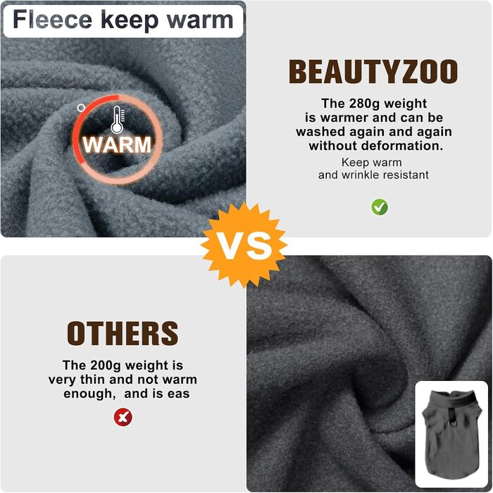 Теплий жилет для собак BEAUTYZOO з капюшоном та кільцем для повідка – теплий одяг для малих та середніх собак, сірий XL (обхват грудей: 55.8 см)
