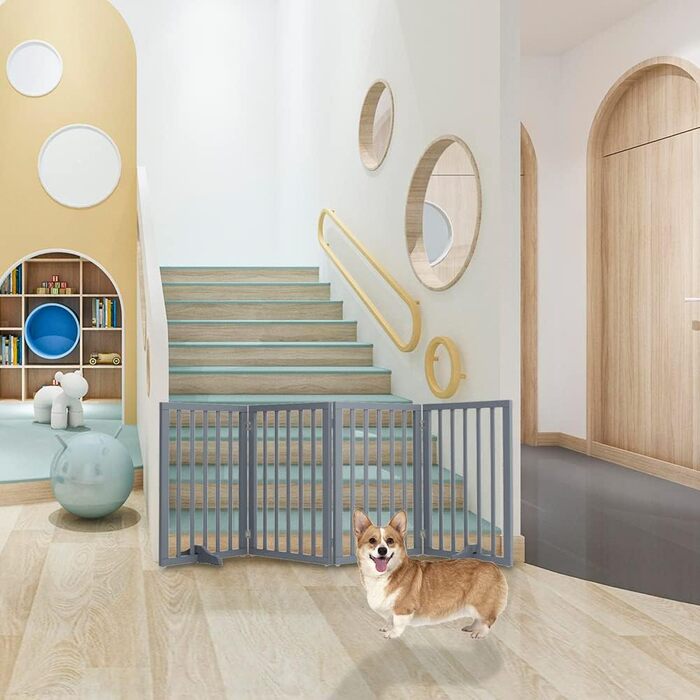 Захисне ґратка для собак Fellie, дерев'яне, без свердління, сірий, 4 панелі (183x60 см)