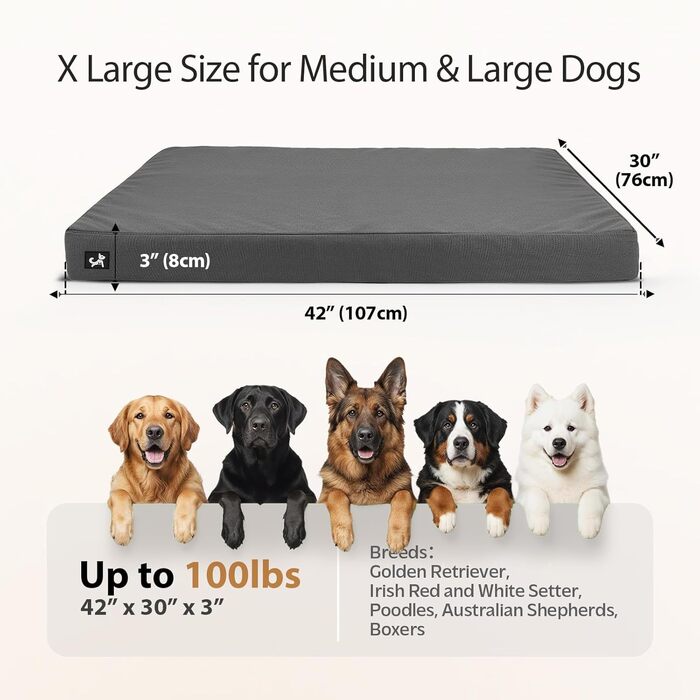 Ортопедичне собаче ліжко Sytopia з тканини для яхт для великих та середніх собак, підходить для дому та вулиці, водонепроникне та миється, знімний чохол, неслизьке дно, розмір 107 x 76 x 8 см, сірий колір