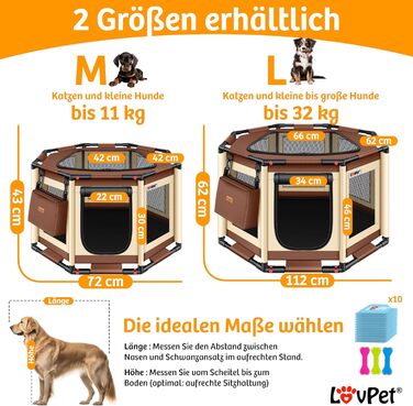 Манеж для цуценят і котів LOVPET®, складаний, для дому та вулиці, тканина Оксфорд, каркас PVC, з сумкою, 3 кісточки, 10 пелюшок, 112x112x62 см, бежевий