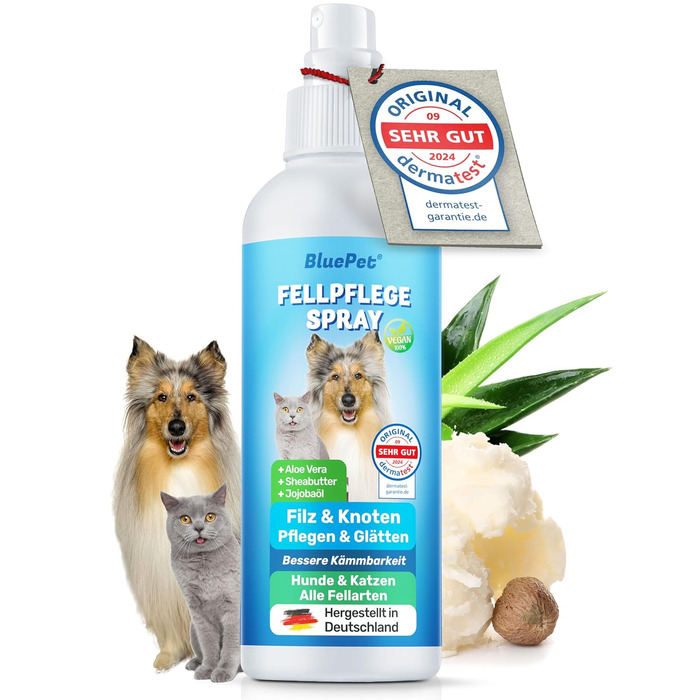 Розпушувач шерсті для собак та котів BluePet + щітка для видалення ковтунів. Розпушує шерсть, покращує розчісування, анти-котушок спрей для догляду за шерстю. З алое вера, ши-олією та олією жожоби. Спрей для шерсті + щітка для підшерстя.