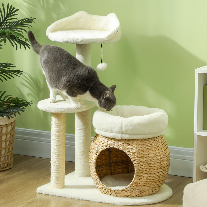 Ігровий комплекс для котів із будиночком, платформою та іграшковим м'ячем, очерет/сизаль, до 10 кг, 60 x 40 x 79 см, кремово-білий