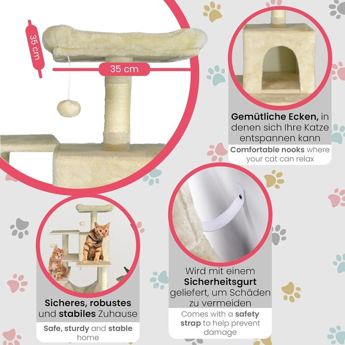 Кігтеточка-будиночок для котів DEFACTO, 143 см, з 4 кігтеточками, 2 платформами, гамаком (BEIGE)