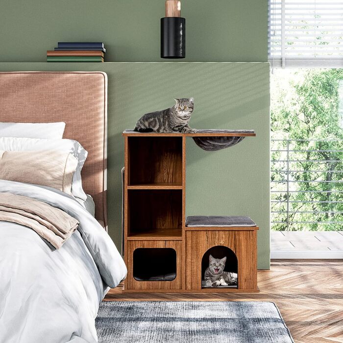 Котячий будиночок GYMAX з когтеточкою 81 см: дерев'яні меблі для котів з когтеточкою, лежаками, гамаком та 2 печерами, до 20 кг