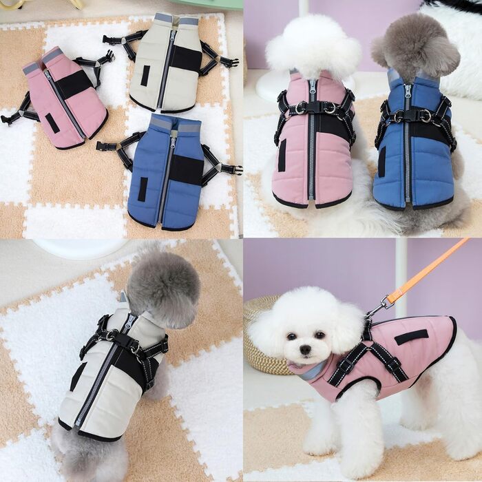 Зунеа Куртка для собак маленьких порід, тепла зимова куртка для цуценят з шлейкою, світловідбиваючі елементи, регульована застібка-блискавка, тепла флісова підкладка, сніговик, розмір XS/S, одяг для домашніх тварин, бежевий колір