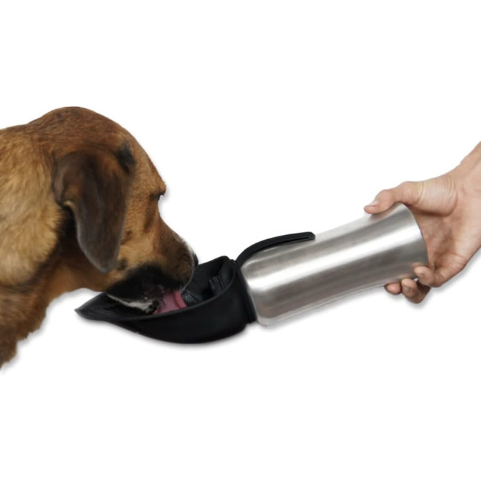 Pacific Paws Поїлка для собак Northwest - переносний диспенсер води, сталева пляшка, силіконовий миска у формі листка, 765 мл, чорний