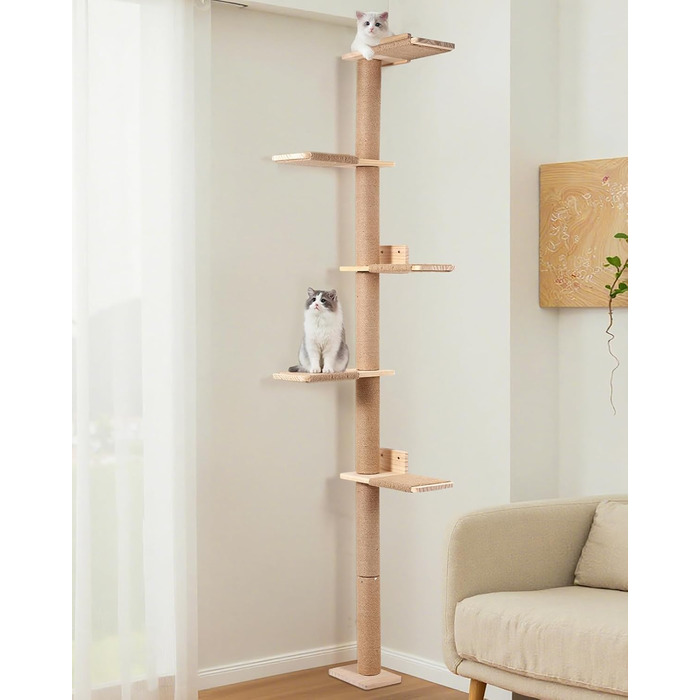 Кігтеточка PawGiant з 5 ярусів, кріпиться до стіни, 213 см, з сизалю, платформами, для котів середніх розмірів