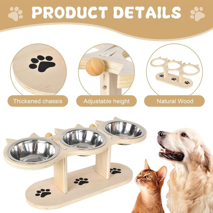 Набір мисок для котів 3-в-1: годівниця та поїлка, піднята годівниця для котів, набір з 3 мисок, нержавіюча сталь харчової якості, регульована висота, для вологого та сухого корму, для котів, цуценят та маленьких собак