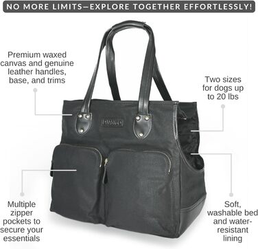 Сумка-переноска для собак DJANGO - чорна, велика, з міцної тканини вощенного канвасу та шкіри, з поворотком-поводком та надійними кишенями