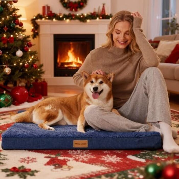 Ортопедичне ліжко для собак Patas Lague, велике, 91,4 x 61 см, м'яке, водонепроникне, з піною, знімний, пральний чохол, антиковзаюча підкладка, рожевий колір (S:20x15x3.5 IN, Marineblau)