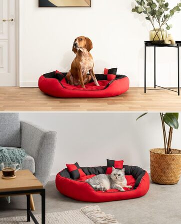 Килимок для собак Lionto 4-в-1 з двостороннім подушкою, 85x70 см, міцний оксфорд, водонепроникний, для собак та котів, з декоративною подушкою, червоно-чорний